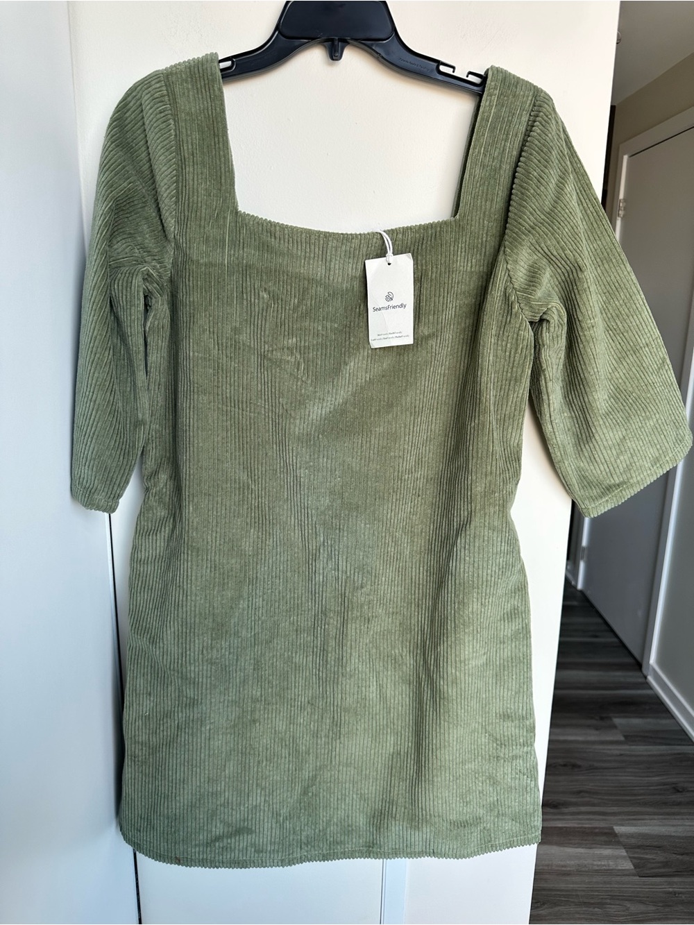 NWT SeamsFriendly Sage Green Square-Neck Cotton Mini Shift Dress Corduroy Sz 38R - Picture 9 of 14